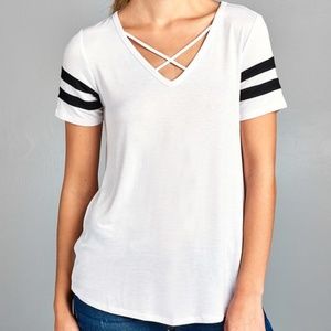 New White V-Neck Top with Black Stripe Sleeves
